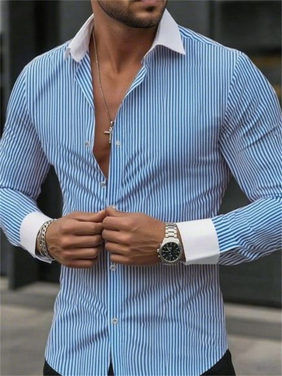 Men Formal Wear Shop - Herren-Slim-Fit, gestreift, Revers, langärmelig, formeller Hemdkragen,