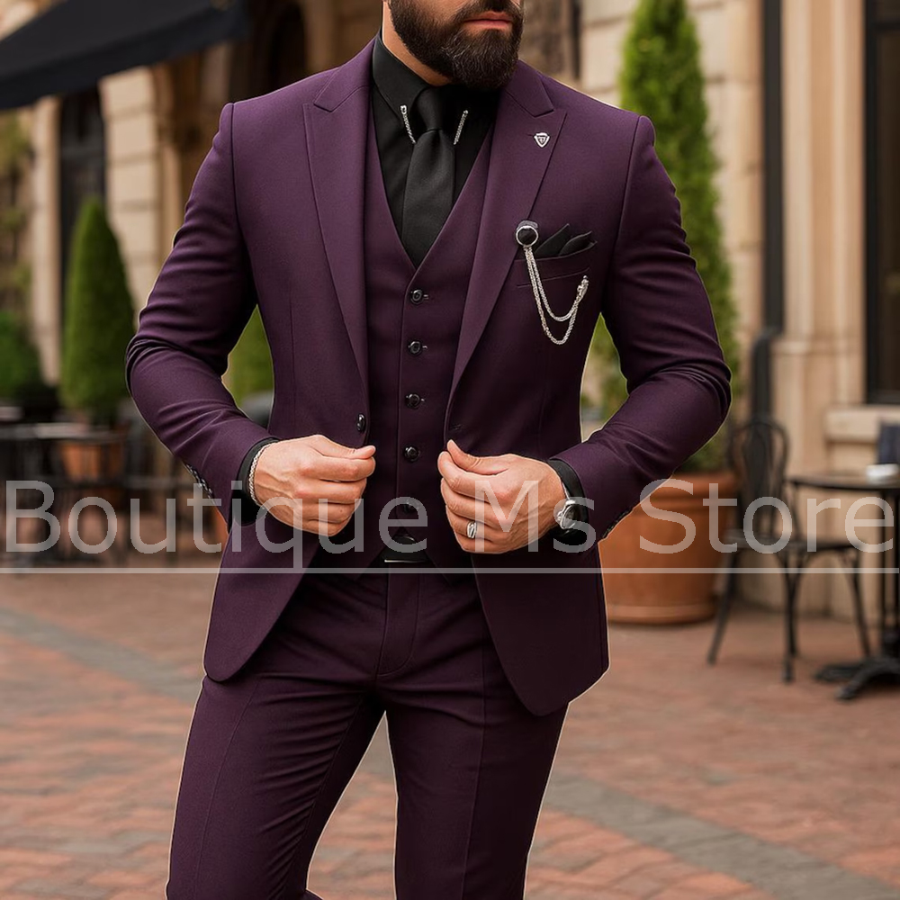 Men Formal Wear Outfits - Herren 3-Teiliger Anzug Einreihig Einfarbig Sakko