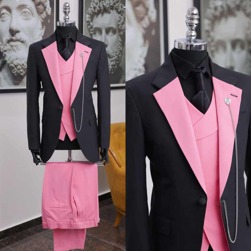 Men Formal Wear Shop - Luxuriöser Schwarz-Rosa Herren-Smoking mit Schalkragen Dreiteiliger