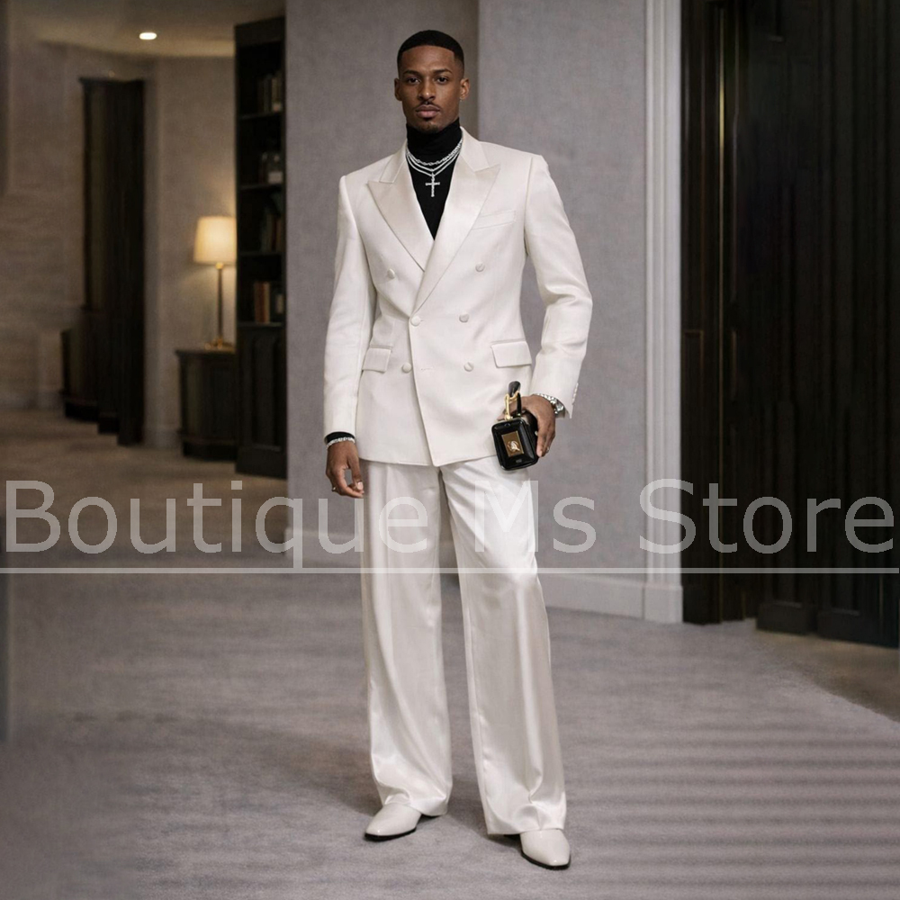 Formal Wear For Men In Wedding - Herren Weißer Satin-Anzug 2-teilig Doppelreihig Spitzrevers