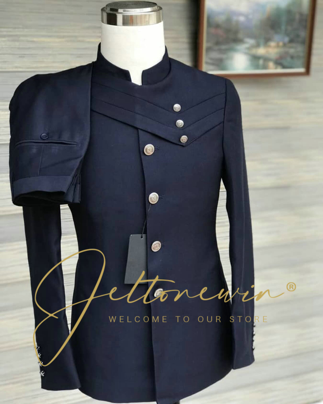 Formal Wear For Men In Wedding - Marineblaues Herrenanzug-Set mit Stehkragen im Militärstil